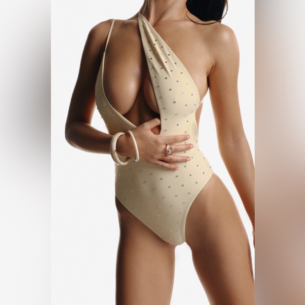 Beaded One-Shoulder Beige One-Piece Swimsuit